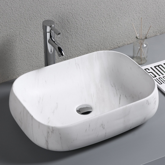 Tvättställ 56x42cm | Marmordesign | Porslin med rundad form