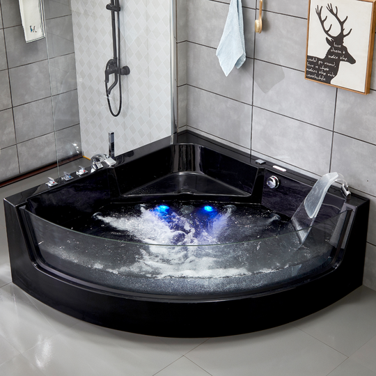 Svart bubbelbadkar för hörn med glasfront & värmare | Blackline BK-018V